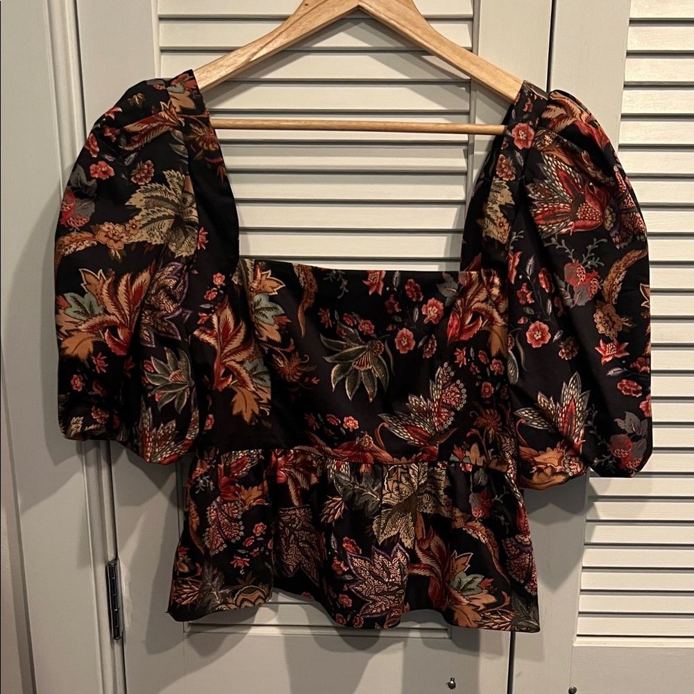 Cara Cara Floral Puff-Sleeve Square Neck Peplum Top - Black Multi